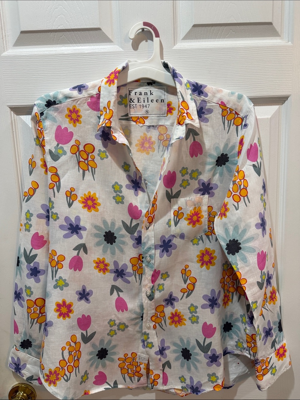 Frank & Eileen White Floral Button-Up Shirt 100% Linen